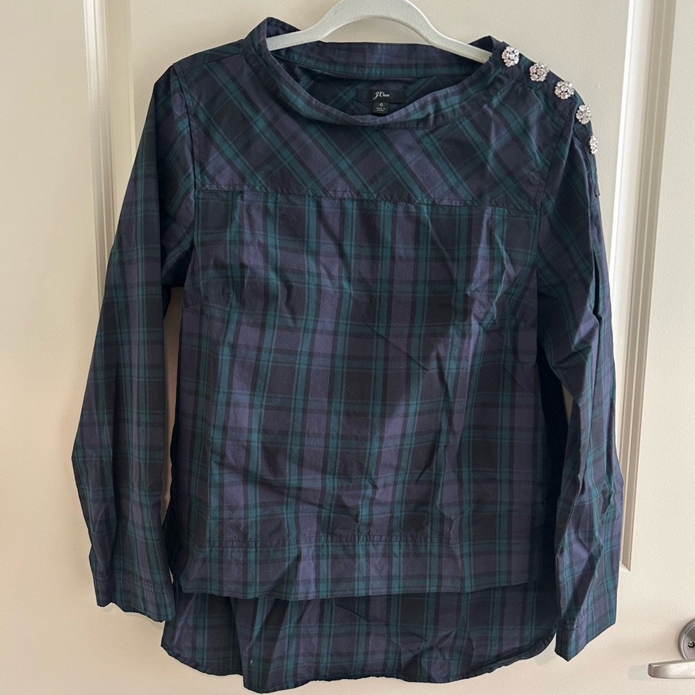 J.Crew size 6 Green Blue Plaid Blouse Jewel Buttons Tartan Preppy Funnelneck